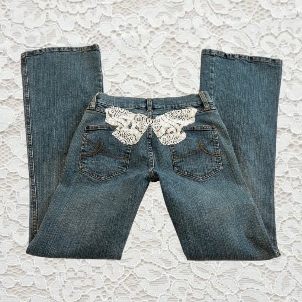 vintage forever 21 low rise flare bootcut jeans with lace butterfly detail